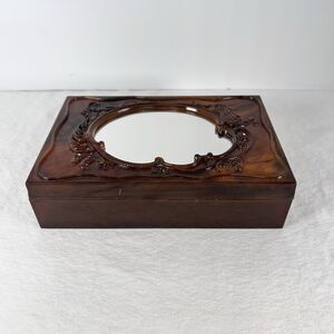 Vintage MCM Retro Tortoise Shell Lucite Jewelry Box Cosmetic Case With Mirror.